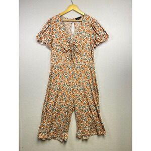 Vibe Sportswear Women's Orange Floral Ruched Jumpsuit‎ 2X Cropped Wide Leg